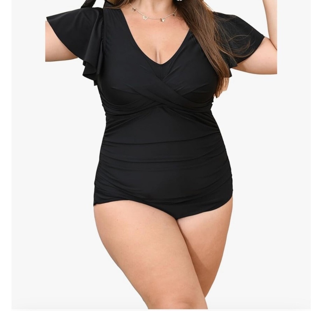 Unbranded Black Flutter Sleeve Ruched V-Neck One Piece Swimsuit 3X 22-24